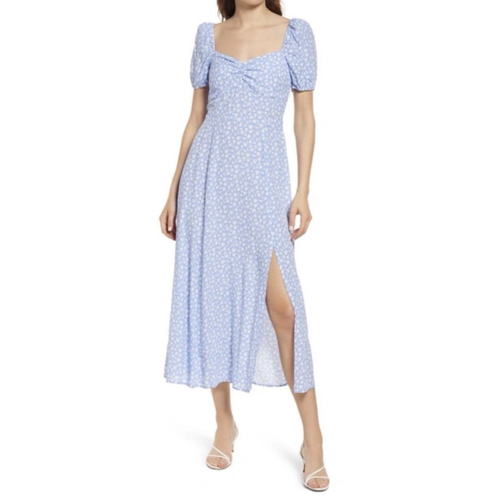 & Other Stories Blue Floral Maxi Dress 12 Puff Sleeve Smocked Slit Cottagecore